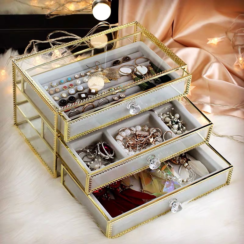 Golden Brass Vintage Glass Jewelry Box with 3 Drawers