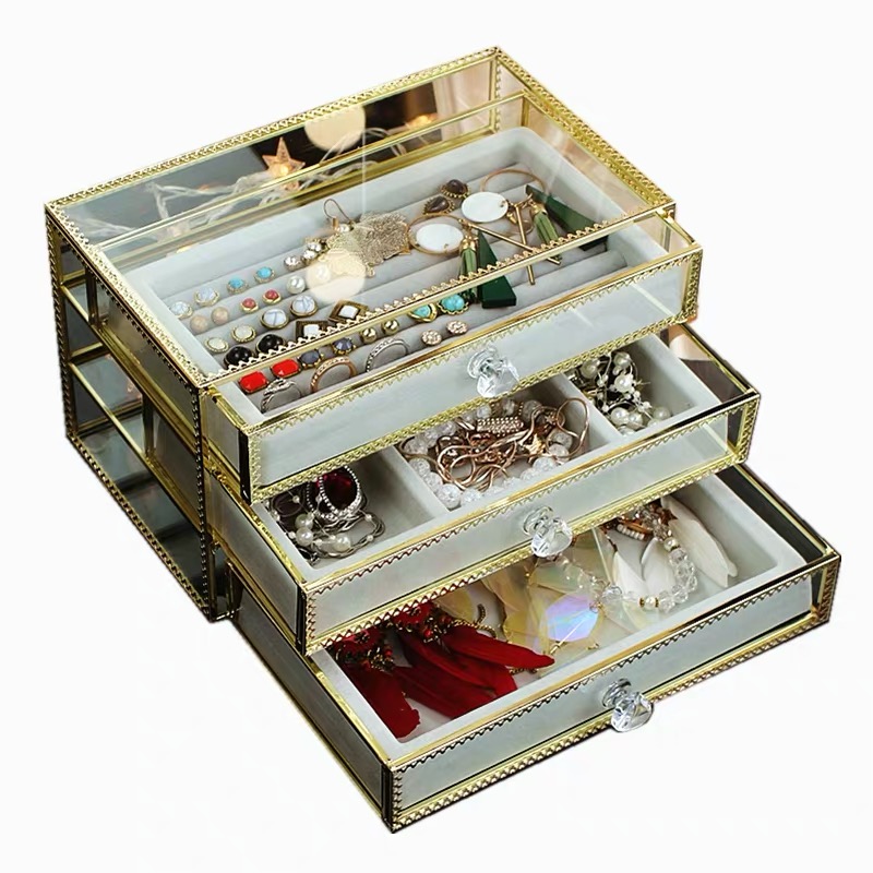 MOOCHI Golden Brass Vintage Glass Jewelry Box with 3 Drawers